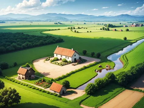 "illustration of a farm scene with a windmill on the left, barn on right, hills in the middle, cloud, the sun smiled, and rainbo...