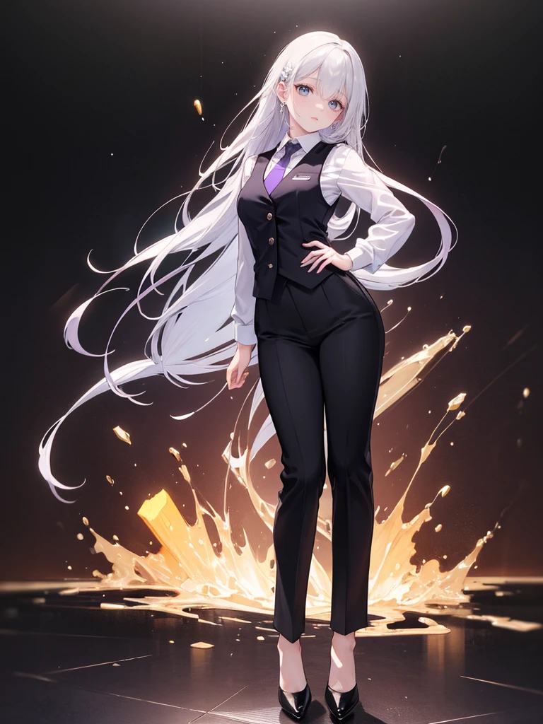 purple,(((long hair))),woman,bartender,vest,shirt,tie,pants,high heels,all,simple background,smile,whole body,full body,full body,Standing picture,vtuber,upright,,look forward to,body facing forward