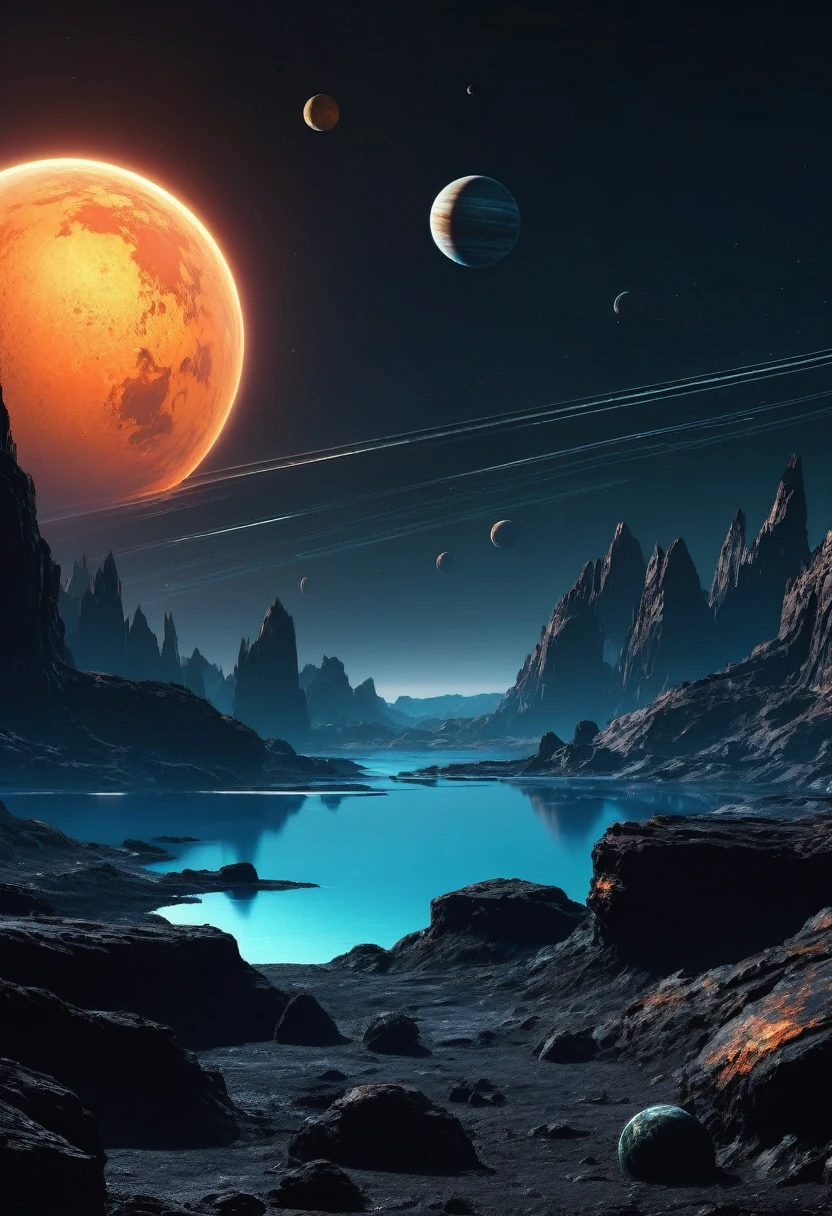 遠くの夜にサイバーパンク風の濃い青色の水面と山岳惑星のオレンジ色の表面から見た、暗い夜の宇宙空間に重ねられた 2 つの暗い灰色の岩石惑星のビューを作成します。, それは広いです, 岩に埋め込まれた明るい窓のある暗い灰色の研究ステーションのような低い建物,  宇宙は暗く、濃い大気を通して惑星の片側のシルエットしか見えない。, 真っ暗, 暗い地平線, 半影, できるだけ現実的に, 太陽は写真から消えた, 窓が明るい水平の建物がある, それ&#39;岩の上の小規模な建物, 暗くて不吉な科学施設