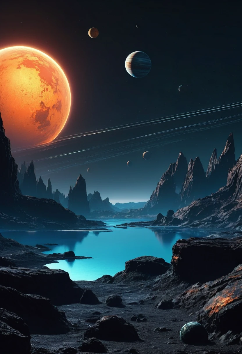 créer une vue de deux planètes rocheuses gris foncé superposées dans l&#39;espace nocturne sombre, vues depuis la surface orange d&#39;une PLANÈTE montagneuse avec une surface d&#39;eau bleu foncé de style cyberpunk la nuit au loin, il a un large, bâtiment bas ressemblant à une station de recherche gris foncé avec des fenêtres éclairées encastrées dans la roche,  l&#39;espace est sombre et on ne peut voir que la silhouette d&#39;un côté des planètes à travers l&#39;atmosphère dense, obscurité totale, horizon sombre, pénombre, aussi réaliste que possible, le soleil est hors de propos, a un bâtiment horizontal avec des fenêtres éclairées, Il&#39;un petit bâtiment sur le rocher, installation scientifique sombre et sinistre