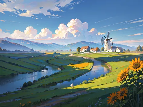 "Illustration of a farm scene with a windmill on the left, barn on right, hills in the middle, cloud, the sun smiled, and rainbo...