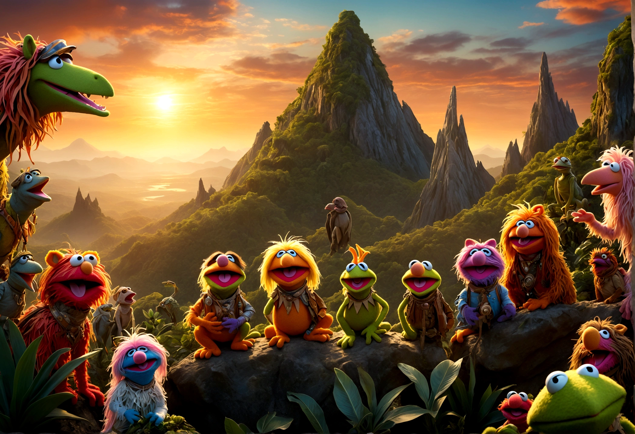 high fantasy, a bunch of muppet animals are howling at the sunrise on an alien world, mountain top, bizarre jungle, lovely