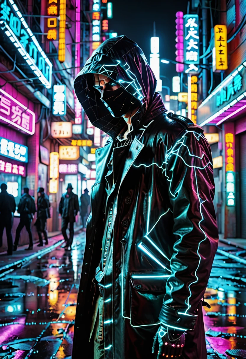 In the hauntingly atmospheric corner of a retro-futuristic digital dystopia, an enigmatic figure emerges - a lone hacker, illuminated by neon-soaked city streets. This neo-noir bohemian photograph captures the essence of the protagonist's clandestine existence, depicted through meticulous attention to detail. Each pixel of the image displays a seamless fusion of vibrant cyberpunk aesthetics and gritty noir ambiance, showcasing the meticulous craftsmanship behind this masterpiece.