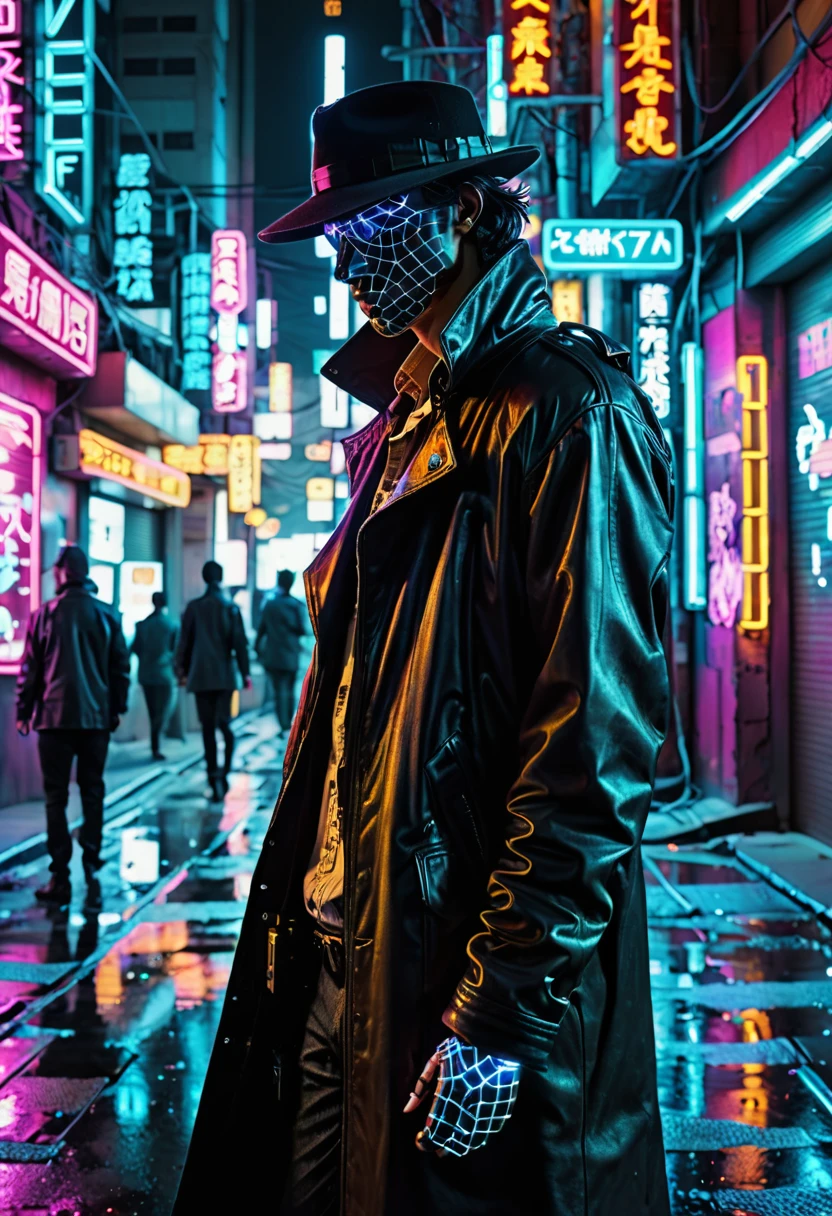 In the hauntingly atmospheric corner of a retro-futuristic digital dystopia, an enigmatic figure emerges - a lone hacker, illuminated by neon-soaked city streets. This neo-noir bohemian photograph captures the essence of the protagonist's clandestine existence, depicted through meticulous attention to detail. Each pixel of the image displays a seamless fusion of vibrant cyberpunk aesthetics and gritty noir ambiance, showcasing the meticulous craftsmanship behind this masterpiece.