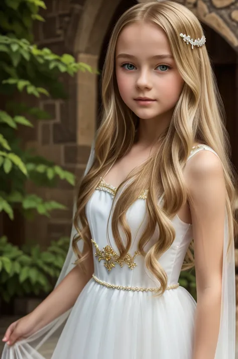 beautiful little medieval russian princess girl 14 year old, long blonde wavy hair, transparent white dress