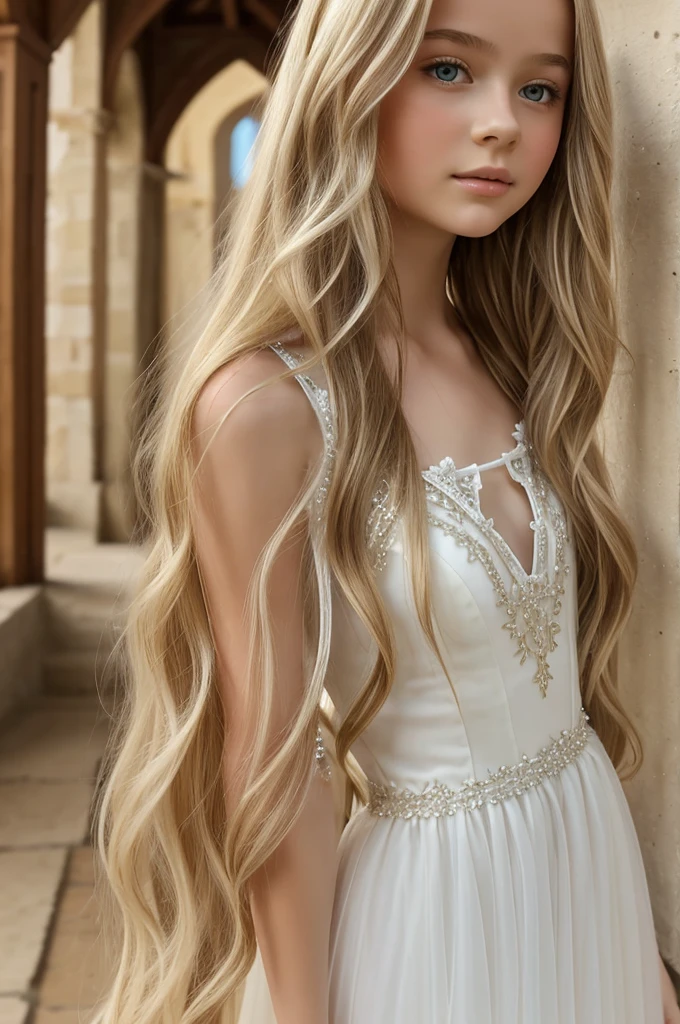 beautiful little medieval russian princess girl 14 year old, long blonde wavy hair, transparent white dress