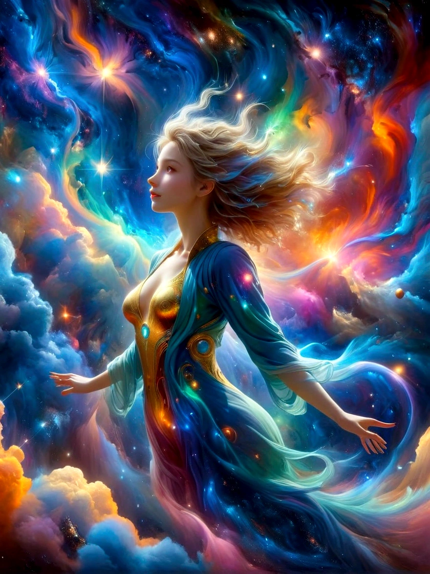 （masterpiece，Highest quality，high resolution，8k），Alone in Space，goddess，Standing，whole body，What a nice view，(Floating in the sky like a star，Floating)，Golden light wraps the whole body，(The whole body is in the light)，Colorful light of the universe，Genesis，Pillars of Creation