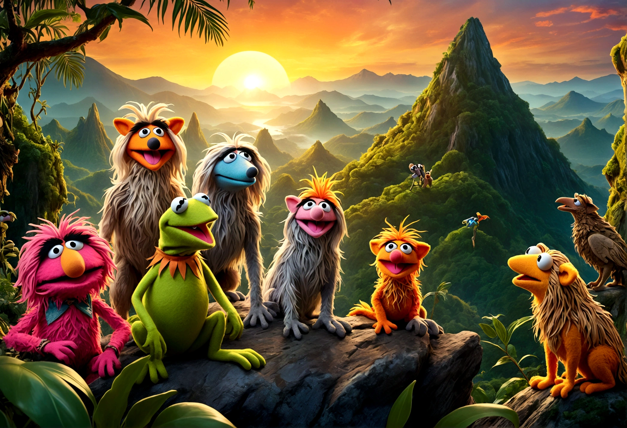 high fantasy, a bunch of muppet animals are howling at the sunrise on an alien world, mountain top, bizarre jungle, lovely