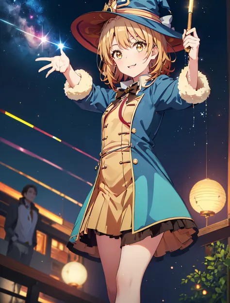 irohaisshiki, isshiki iroha, short hair, brown hair, (brown eyes:1.5), smile,(colorful glowing lantern),((a night sky filled wit...