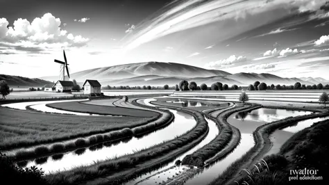 "illustration of a farm scene with a windmill on the left, barn on right, hills in the middle, cloud, the sun smiled, and rainbo...