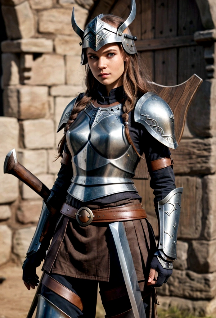 realistic, 1 girl, valkyrie, knight, helmet, medieval, warrior,look at viewer,Achieve the best quality and extreme detail in the composition. Incorporate a complex composition with Viking elements, such as a Viking helmet, shield, and axe. Use a color palette inspired by Viking aesthetics, featuring earthy tones like browns, greys, and deep reds. 