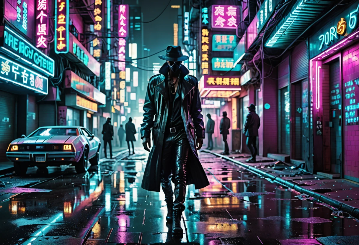 In the hauntingly atmospheric corner of a retro-futuristic digital dystopia, an enigmatic figure emerges - a lone hacker, illuminated by neon-soaked city streets. This neo-noir bohemian photograph captures the essence of the protagonist's clandestine existence, depicted through meticulous attention to detail. Each pixel of the image displays a seamless fusion of vibrant cyberpunk aesthetics and gritty noir ambiance, showcasing the meticulous craftsmanship behind this masterpiece.