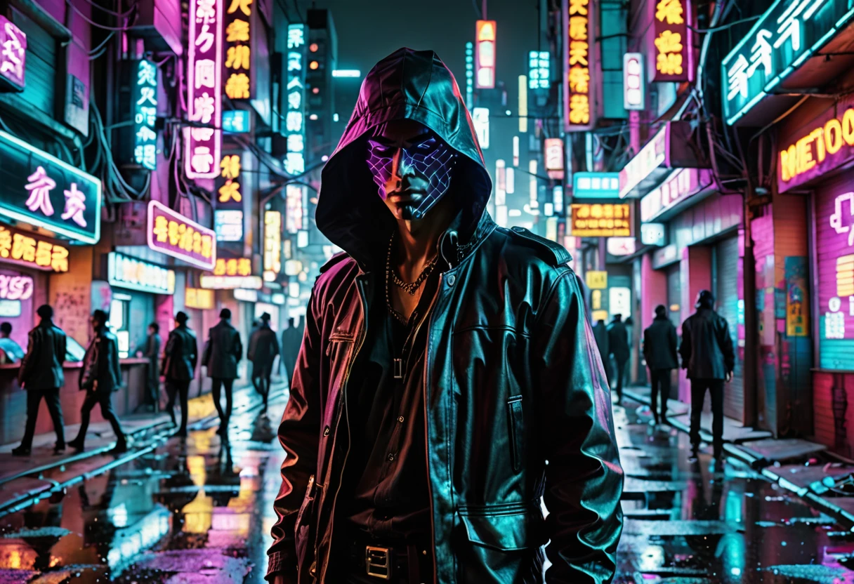 Dans le coin à l&#39;atmosphère envoûtante d&#39;une dystopie numérique rétro-futuriste, une figure énigmatique émerge - un hacker solitaire, illuminé par les rues de la ville baignées de néons. Cette photographie bohème néo-noir capture l&#39;essence de l&#39;existence clandestine du protagoniste, représenté avec une attention méticuleuse aux détails. Chaque pixel de l&#39;image affiche une fusion harmonieuse d&#39;une esthétique cyberpunk vibrante et d&#39;une ambiance noire audacieuse, mettant en valeur le savoir-faire méticuleux derrière ce chef-d&#39;œuvre.