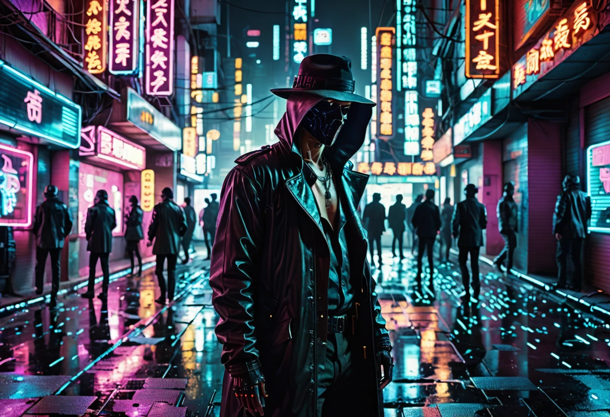 In der gespenstisch stimmungsvollen Ecke einer retro-futuristischen digitalen Dystopie, taucht eine rätselhafte Gestalt auf - ein einsamer Hacker, Von neonüberschwemmten Straßen der Stadt erhellt. Diese Neo-Noir-Bohème-Fotografie fängt die Essenz der heimlichen Existenz des Protagonisten ein, dargestellt durch akribische Liebe zum Detail. Jeder Pixel des Bildes zeigt eine nahtlose Verschmelzung von lebendigen Cyberpunk-Ästhetiken und rauer Noir-Atmosphäre, zeigt die sorgfältige Handwerkskunst hinter diesem Meisterwerk.