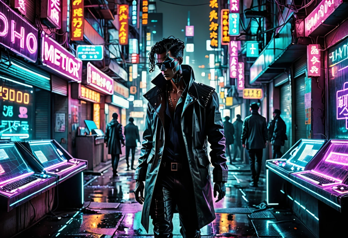 In the hauntingly atmospheric corner of a retro-futuristic digital dystopia, an enigmatic figure emerges - a lone hacker, illuminated by neon-soaked city streets. This neo-noir bohemian photograph captures the essence of the protagonist's clandestine existence, depicted through meticulous attention to detail. Each pixel of the image displays a seamless fusion of vibrant cyberpunk aesthetics and gritty noir ambiance, showcasing the meticulous craftsmanship behind this masterpiece.