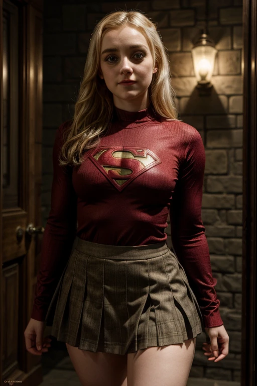 Evanna Lynch, wearing an adult-sized superhero outfit with a skirt that shows off her entire body. She should be portrayed happily. 

