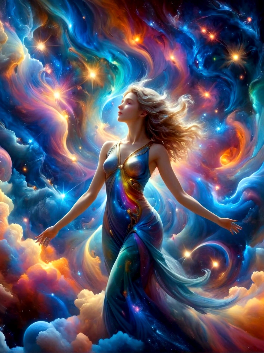 （masterpiece，Highest quality，high resolution，8k），Alone in Space，goddess，Standing，whole body，What a nice view，(Floating in the sky like a star，Floating)，Golden light wraps the whole body，(The whole body is in the light)，Colorful light of the universe，Genesis，Pillars of Creation