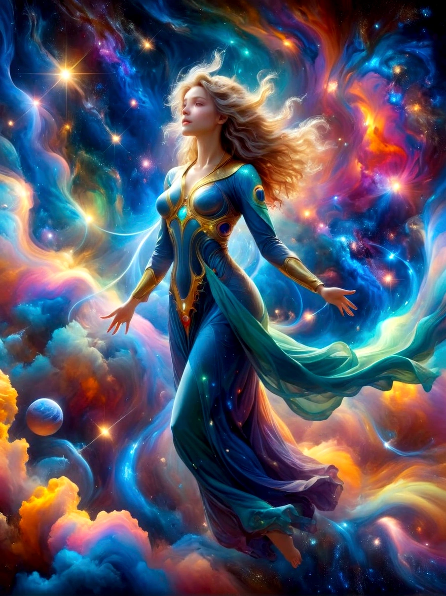 （masterpiece，Highest quality，high resolution，8k），Alone in Space，goddess，Standing，whole body，What a nice view，(Floating in the sky like a star，Floating)，Golden light wraps the whole body，(The whole body is in the light)，Colorful light of the universe，Genesis，Pillars of Creation