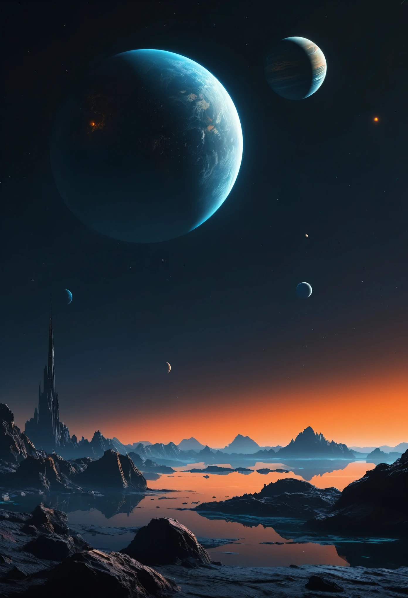 créer une vue de deux planètes rocheuses gris foncé superposées dans l&#39;espace nocturne sombre, vues depuis la surface orange d&#39;une PLANÈTE montagneuse avec une surface d&#39;eau bleu foncé de style cyberpunk la nuit au loin, il a un large, bâtiment bas ressemblant à une station de recherche gris foncé avec des fenêtres éclairées encastrées dans la roche,  l&#39;espace est sombre et on ne peut voir que la silhouette d&#39;un côté des planètes à travers l&#39;atmosphère dense, obscurité totale, horizon sombre, pénombre, aussi réaliste que possible, le soleil est hors de propos, a un bâtiment horizontal avec des fenêtres éclairées, Il&#39;un petit bâtiment sur le rocher, installation scientifique sombre et sinistre