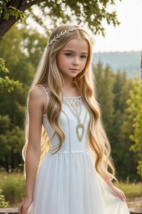 beautiful little medieval russian princess girl 14 year old, long blonde wavy hair, transparent white dress