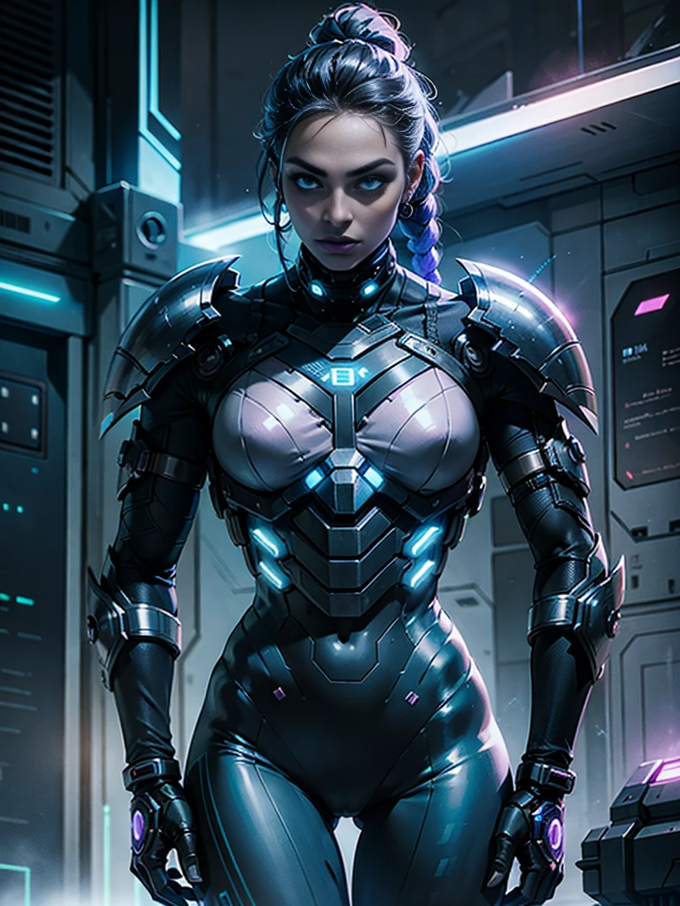 A striking black woman in an imposing futuristic post-apocalyptic cyberpunk environment full of technological details. The woman has rich, deep skin, with ebony tones that glow under the scene's neon lighting. Her hair is a bold combination of dreadlocks and braids, decorated with metallic threads and small LEDs that blink softly, reflecting the colorful lights in the room. His face is sculpted with strong, elegant features, highlighting piercing eyes that glow with a cybernetic blue intensity. She wears metallic makeup, with silver shadows and lips painted an intense purple, adding a touch of mystery and power. His athletic body is encased in a futuristic combat suit made from synthetic and metallic materials. The look is a combination of black, silver and neon blue, with details that suggest high technology, such as embedded circuits and light panels. Plates of armor protect his shoulders, arms, and legs, while cables and wires connect to devices on his body, indicating a perfect fusion between human and machine. giving it a lively and dynamic appearance, Hyper Realistic, Cinematic.