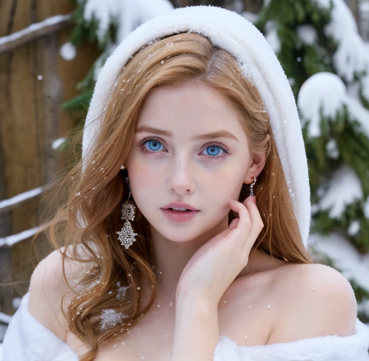 Beautiful girl - Ellie Bamber, blue eyes, long curly white hair witg, detailed facial traits, beautiful earrings, national turkic female dress, naked breasts, naked nipples, yurta behind, it's snowing, sexy pose