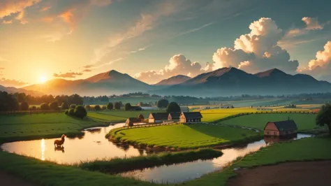 "illustration of a farm scene with a windmill on the left, barn on right, hills in the middle, cloud, the sun smiled, and rainbo...