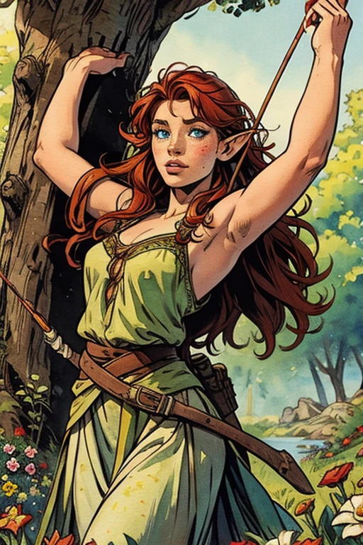 (water colour: 1.2), elf princess, flowers, freckles, bangss, redheadwear, long hair, greeneyes, hair between eyes jumping with open arms from a tree holding a bow with a quiver full of arrows on his back, gazing at viewer, brincos flowers, nblurry background, high resolution