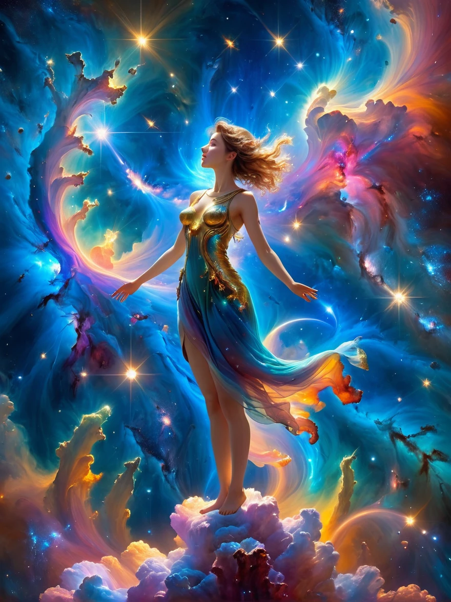 （masterpiece，Highest quality，high resolution，8k），Alone in Space，goddess，Standing，whole body，What a nice view，(Floating in the sky like a star，Floating)，Golden light wraps the whole body，(The whole body is in the light)，Colorful light of the universe，Genesis，Pillars of Creation, anatomically correct