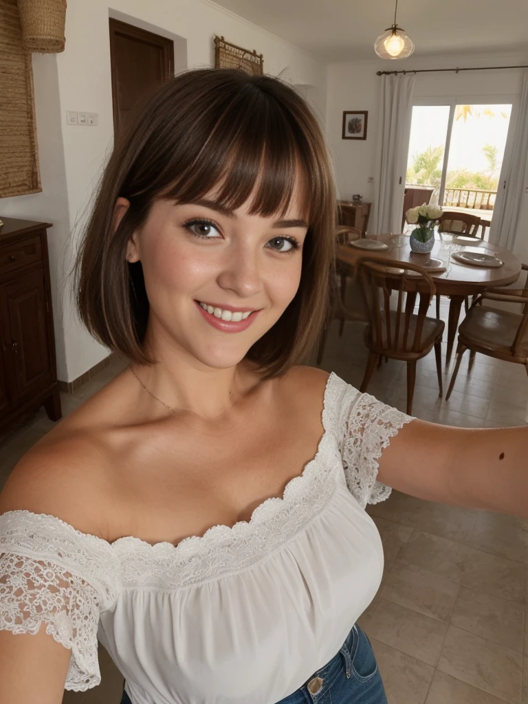 1girl, solo, realistic, her name is Cathlyn, she is a Caucasian brunette, 30 years old, mature face and body, smiling, short hair with bangs, chubby, wearing a off shoulder blouse inside Algarve Villa transient, (((selfie shot)))