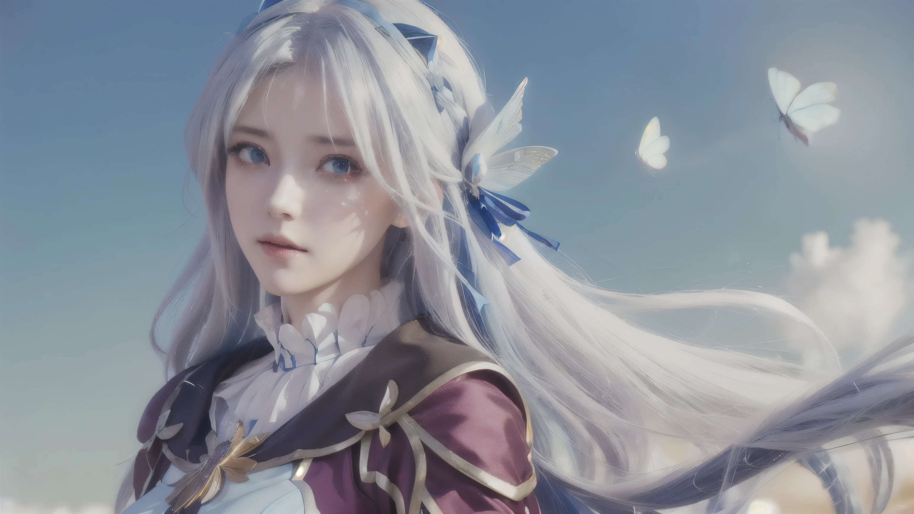 fille animée avec de longs cheveux blancs et des yeux bleus et un papillon dans les cheveux, Art détaillé 8k de haute qualité, portrait chevaliers de fille du zodiaque, detailed art animé numérique, 2. Oeuvre fantastique d&#39;anime CGI 5 D, divinité aux cheveux blancs, style animé 4k, art animé numérique, beau portrait animé, art cg anime lisse, bel anime fantastique, belle fille animée