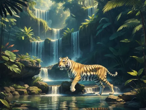 A photorealistic scene featuring a majestic white tiger with glowing golden stripes, prowling through a mystical jungle environm...