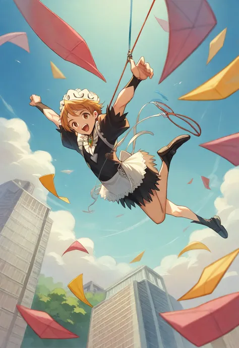 maidがjumpする、maid、beautiful girl、there is a man that is jumping in the air with a kite, leap into the air, jump pose, jumping tow...