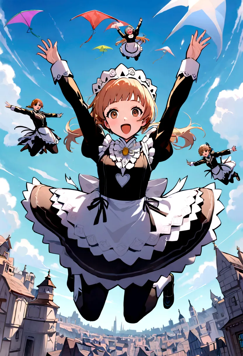 maid、maid服、beautiful girl、maidの衣装、frills fluttering in the wind、ビルの合間をjumpする、there is a man that is jumping in the air with a ki...