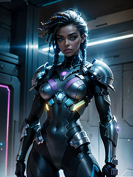 A striking black woman in an imposing futuristic post-apocalyptic cyberpunk environment full of technological details. The woman has rich, deep skin, with ebony tones that glow under the scene's neon lighting. Her hair is a bold combination of dreadlocks and braids, decorated with metallic threads and small LEDs that blink softly, reflecting the colorful lights in the room. His face is sculpted with strong, elegant features, highlighting piercing eyes that glow with a cybernetic blue intensity. She wears metallic makeup, with silver shadows and lips painted an intense purple, adding a touch of mystery and power. His athletic body is encased in a futuristic combat suit made from synthetic and metallic materials. The look is a combination of black, silver and neon blue, with details that suggest high technology, such as embedded circuits and light panels. Plates of armor protect his shoulders, arms, and legs, while cables and wires connect to devices on his body, indicating a perfect fusion between human and machine. giving it a lively and dynamic appearance, Hyper Realistic, Cinematic.