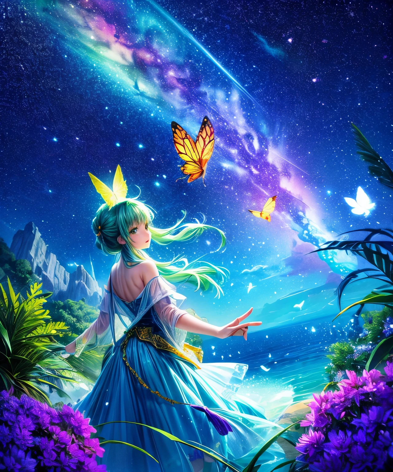 Cute Girl Characters、Green Grass々Drawing a butterfly flying over the water, Look up at the starry sky. Surrounded by colorful nebulae and colorful forests.