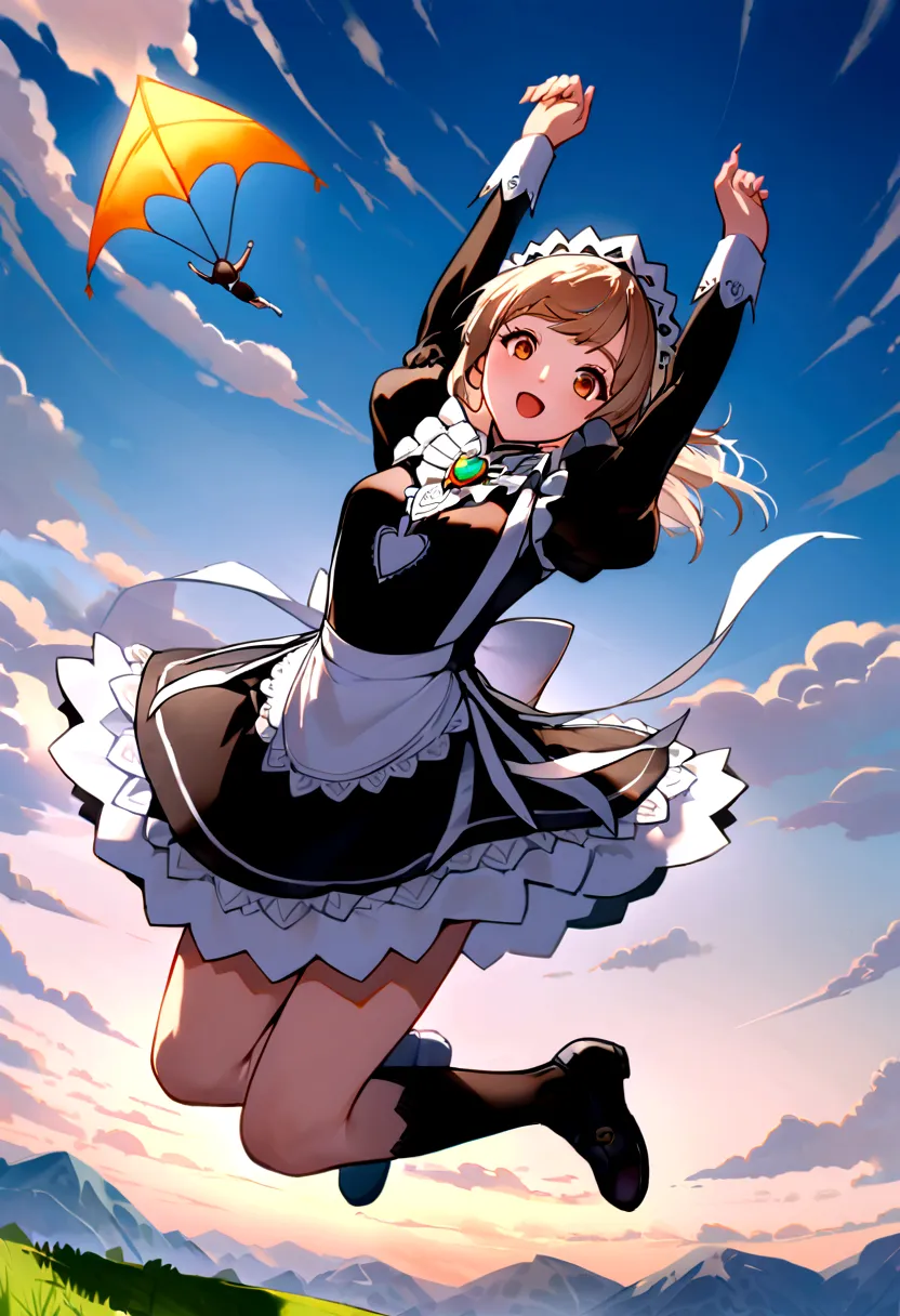 maid、maid服、beautiful girl、maidの衣装、frills fluttering in the wind、ビルの合間をjumpする、there is a man that is jumping in the air with a ki...