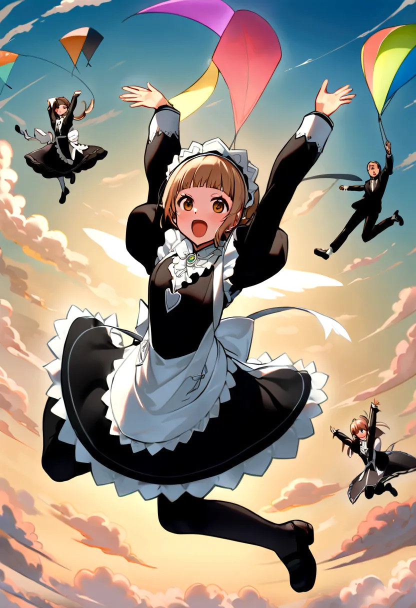 maid、maid服、beautiful girl、maidの衣装、frills fluttering in the wind、ビルの合間をjumpする、there is a man that is jumping in the air with a ki...