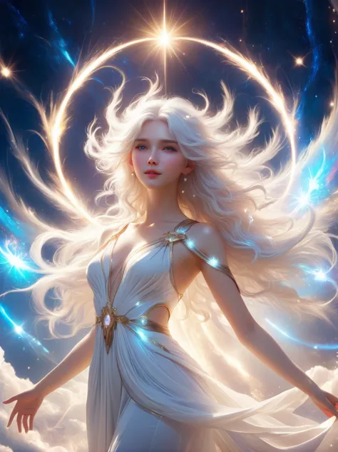 1xknh1, (full-body shot:1.4), A goddess with a white halo on her head，White hair，Ethereal beauty，Luminescence，Angel，Explosion of...