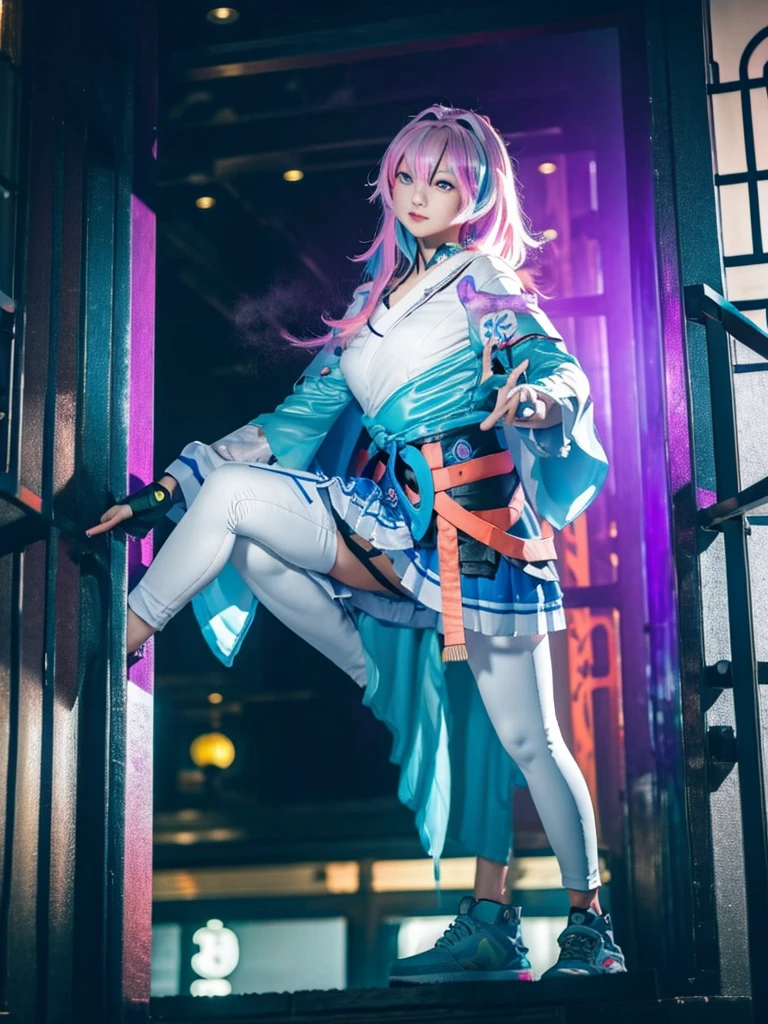 (masterpiece), best quality, 1girl, long chinese robe, martial artist, vigilante, full body, urban, night city, Hatsune Miku, superhero, time wizard, high top sneakers, time magic, multicolored hair, Gradient leggings, full sleeves, makeup, cute face, teal white dress, taichi pose, black gloves, clock tower background, long sleeves, 