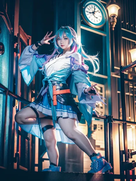 (masterpiece), best quality, 1girl, long chinese robe, martial artist, vigilante, full body, urban, night city, Hatsune Miku, su...