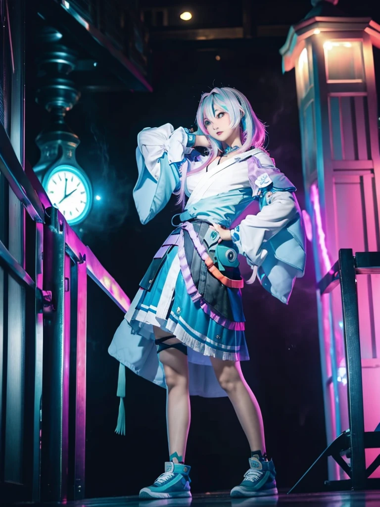 (masterpiece), best quality, 1girl, long chinese robe, martial artist, vigilante, full body, urban, night city, Hatsune Miku, superhero, time wizard, high top sneakers, time magic, multicolored hair, Gradient leggings, full sleeves, makeup, cute face, teal white dress, taichi pose, black gloves, clock tower background, long sleeves, 