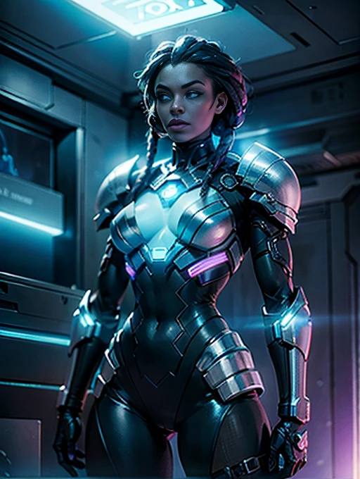 A striking black woman in an imposing futuristic post-apocalyptic cyberpunk environment full of technological details. The woman has rich, deep skin, with ebony tones that glow under the scene's neon lighting. Her hair is a bold combination of dreadlocks and braids, decorated with metallic threads and small LEDs that blink softly, reflecting the colorful lights in the room. His face is sculpted with strong, elegant features, highlighting piercing eyes that glow with a cybernetic blue intensity. She wears metallic makeup, with silver shadows and lips painted an intense purple, adding a touch of mystery and power. His athletic body is encased in a futuristic combat suit made from synthetic and metallic materials. The look is a combination of black, silver and neon blue, with details that suggest high technology, such as embedded circuits and light panels. Plates of armor protect his shoulders, arms, and legs, while cables and wires connect to devices on his body, indicating a perfect fusion between human and machine. giving it a lively and dynamic appearance, Hyper Realistic, Cinematic.