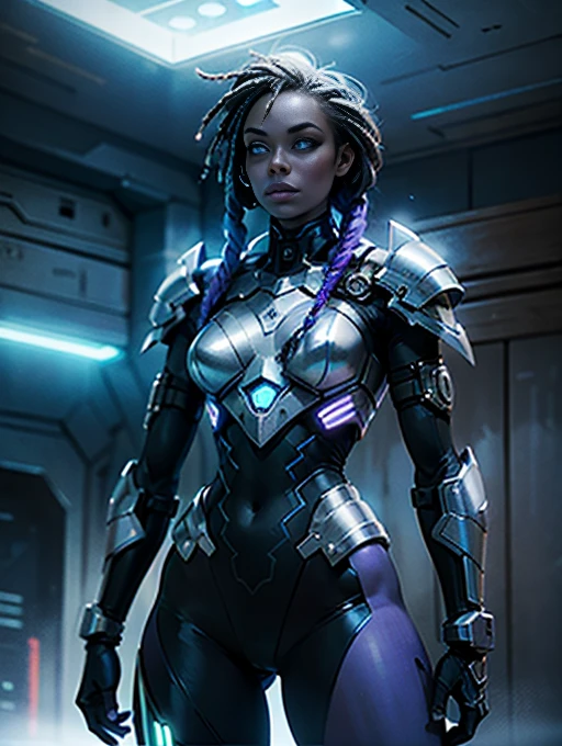 A striking black woman in an imposing futuristic post-apocalyptic cyberpunk environment full of technological details. The woman has rich, deep skin, with ebony tones that glow under the scene's neon lighting. Her hair is a bold combination of dreadlocks and braids, decorated with metallic threads and small LEDs that blink softly, reflecting the colorful lights in the room. His face is sculpted with strong, elegant features, highlighting piercing eyes that glow with a cybernetic blue intensity. She wears metallic makeup, with silver shadows and lips painted an intense purple, adding a touch of mystery and power. His athletic body is encased in a futuristic combat suit made from synthetic and metallic materials. The look is a combination of black, silver and neon blue, with details that suggest high technology, such as embedded circuits and light panels. Plates of armor protect his shoulders, arms, and legs, while cables and wires connect to devices on his body, indicating a perfect fusion between human and machine. giving it a lively and dynamic appearance, Hyper Realistic, Cinematic.