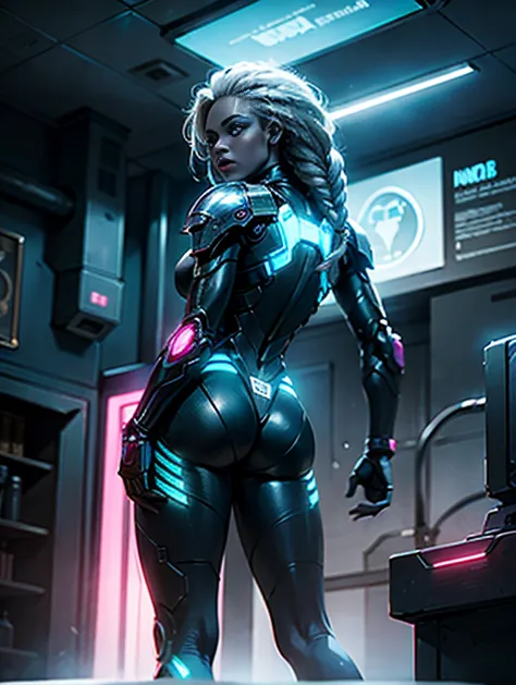 Rear view of a striking black woman in an imposing futuristic post-apocalyptic cyberpunk environment full of technological detai...