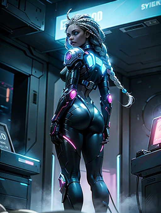 Rear view of a striking black woman in an imposing futuristic post-apocalyptic cyberpunk environment full of technological details. The woman has rich, deep skin, with ebony tones that glow under the scene's neon lighting. Her hair is a bold combination of dreadlocks and braids, decorated with metallic threads and small LEDs that blink softly, reflecting the colorful lights in the room. His face is sculpted with strong, elegant features, highlighting piercing eyes that glow with a cybernetic blue intensity. She wears metallic makeup, with silver shadows and lips painted an intense purple, adding a touch of mystery and power. His athletic body is encased in a futuristic combat suit made from synthetic and metallic materials. The look is a combination of black, silver and neon blue, with details that suggest high technology, such as embedded circuits and light panels. Plates of armor protect his shoulders, arms, and legs, while cables and wires connect to devices on his body, indicating a perfect fusion between human and machine. giving it a vivid and dynamic, Hyper Realistic, Cinematic appearance.