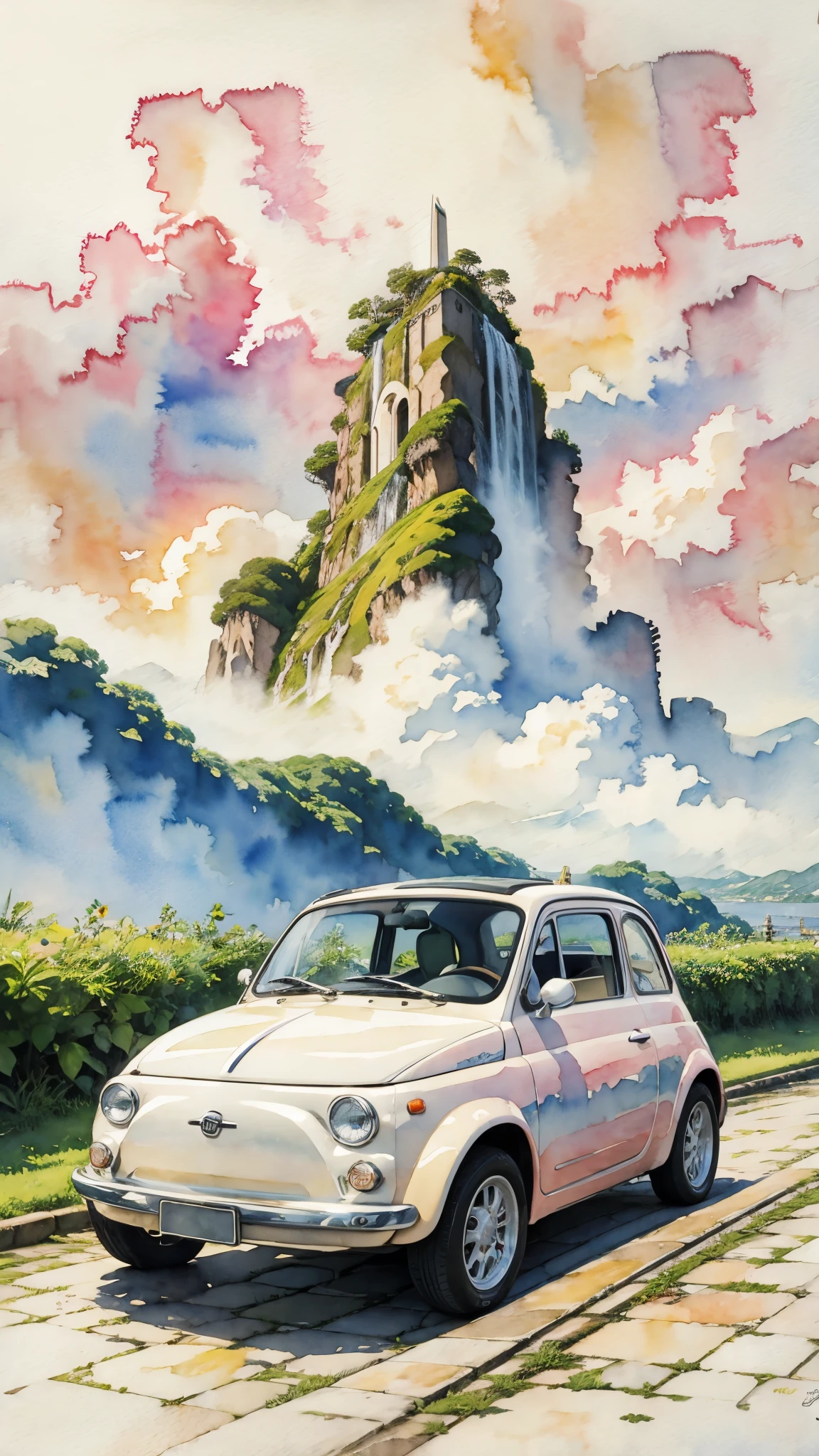 (masterpiece:1.2, Highest quality),(Very detailed),(((watercolor))),8k,wallpaper,Cream-colored Fiat 500,Rio de Janeiro,Corcovado Hill and Christ the Redeemer,(((Ghibli style))),Transparent watercolor