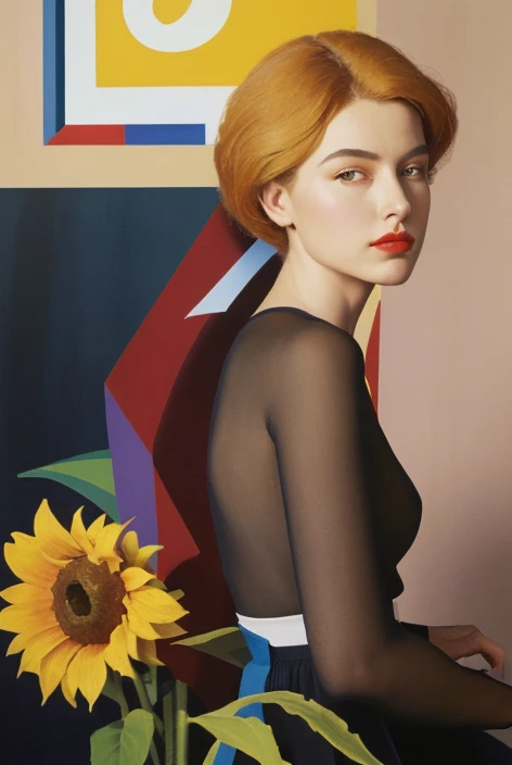 there is a woman standing in a field of sunflowers, kenton nelson, beautiful retro art, michael cheval (unreal engine, inspired by Stevan Dohanos, peter driben, anna dittmann alberto vargas, by Mario Bardi, inspired by Art Frahm, laurent durieux, by Juan O'Gorman, andrey remnev