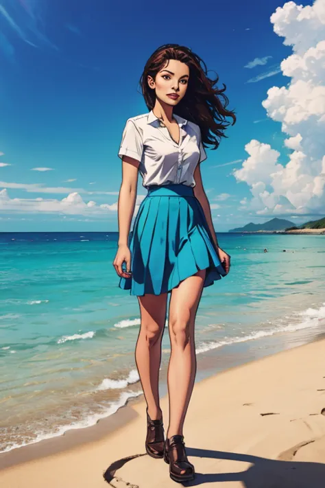 1 girl,standing alone,blue sky, ocean, skirt short, (very detailed background:1.0), (highly detailed background:1.0),