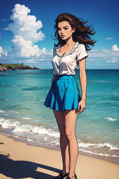 1 girl,standing alone,blue sky, ocean, skirt short, (very detailed background:1.0), (highly detailed background:1.0),